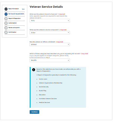 Service and request details — select Benefits
