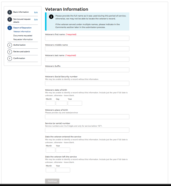 Fill in veteran information